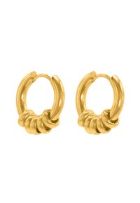 Orecchini a cerchio in oro caratterizzati da un design circolare e liscio con un dettaglio annodato nella parte inferiore per un tocco di texture e interesse visivo.