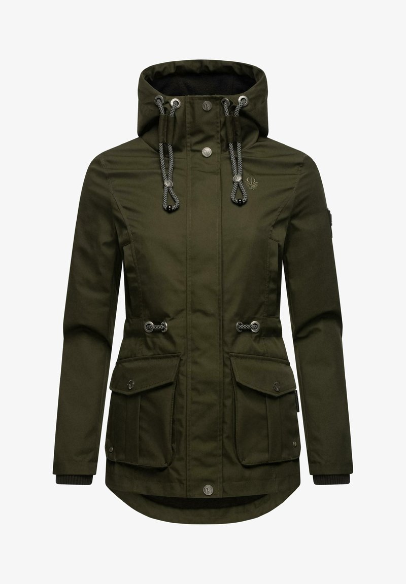 Veste à capuche femme vert olive avec poches avant, cordons réglables à la taille et à la capuche, fermeture par boutons et zip.