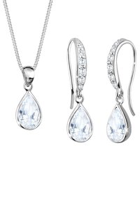 Set di gioielli in argento composto da un pendente a goccia e orecchini coordinati, decorati con pietre trasparenti e sfaccettate e una finitura liscia.