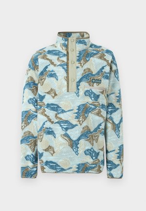 Polár pulóver kék, bézs és krémszínű absztrakt hegymintával, patentos gombolású elején, mellkasi cipzáros zsebbel és Columbia Sportswear logóval.