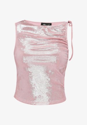 Top roz fără mâneci din catifea cu sclipire argintie, detaliu plisat pe umărul drept și șnur legat pe partea dreaptă.