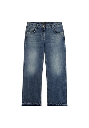 Denim jeans in a faded blue wash, featuring a straight-leg design, five pockets, and a button fly. The fabric has a soft texture with slight distressing.