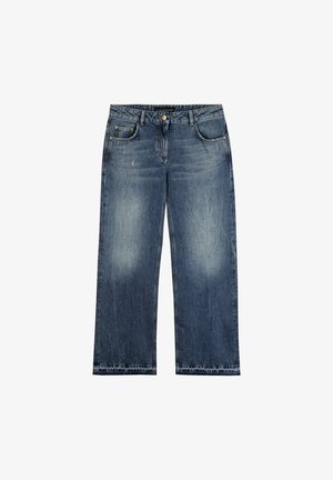 Denim jeans in a faded blue wash, featuring a straight-leg design, five pockets, and a button fly. The fabric has a soft texture with slight distressing.