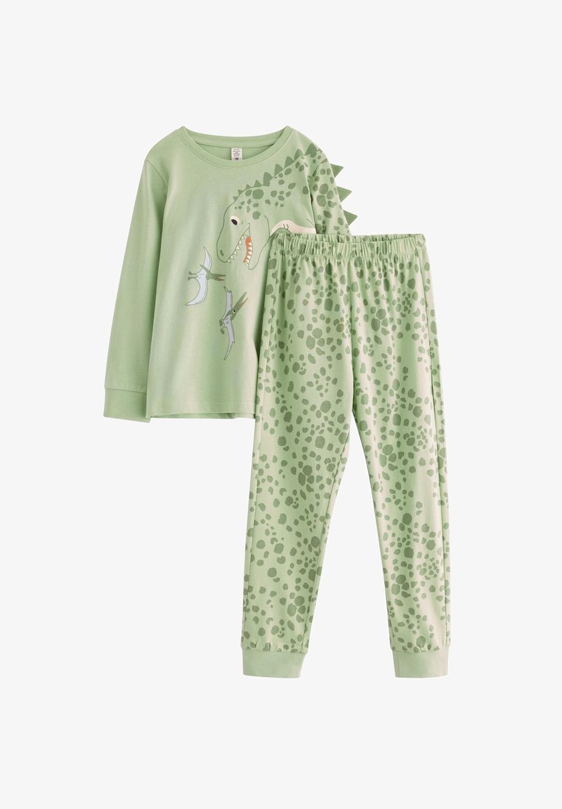 Ensemble de pyjama sur le thème des dinosaures, comprenant un haut à manches longues avec un motif de dinosaure et un pantalon assorti à motif de taches vertes.