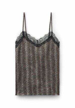 Top cami imprimé léopard avec dentelle noire, bretelles spaghetti ajustables, tissu léger et silhouette fluide.