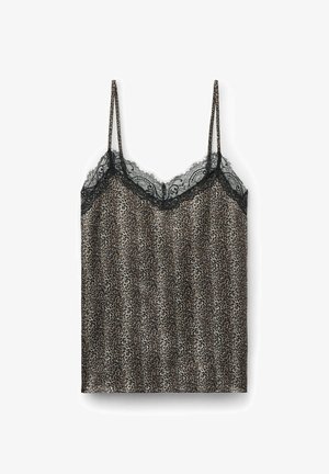 Top cami imprimé léopard avec dentelle noire, bretelles spaghetti ajustables, tissu léger et silhouette fluide.