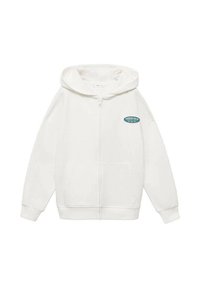 Felpa bianca con zip realizzata in materiale morbido, con una tasca frontale e un logo ovale turchese con la scritta "HONOLULU."