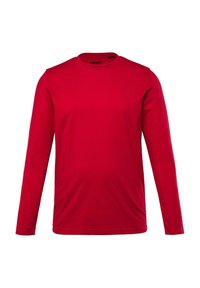 Rotes Langarmshirt aus atmungsaktivem Stoff. Mit Rundhalsausschnitt und einem dezenten Logodetail auf der Brust. Glatte Textur.