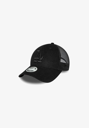 Black cap with flat brim, embroidered LA logo on front, textured fabric band, mesh back panel, and adjustable snap closure.