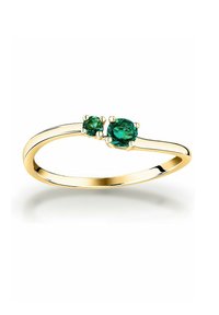 Guldring med två runda gröna ädelstenar, en större och en mindre, som är infattade i en minimalistisk ring med en slät, polerad yta.