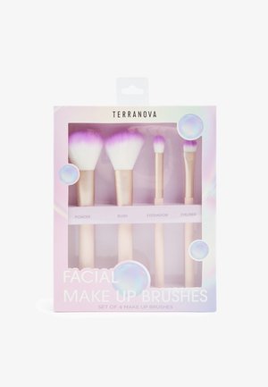 Set di quattro pennelli per trucco con setole rosa e bianche per cipria, fard, ombretto e eyeliner in una scatola pastello rosa e viola.