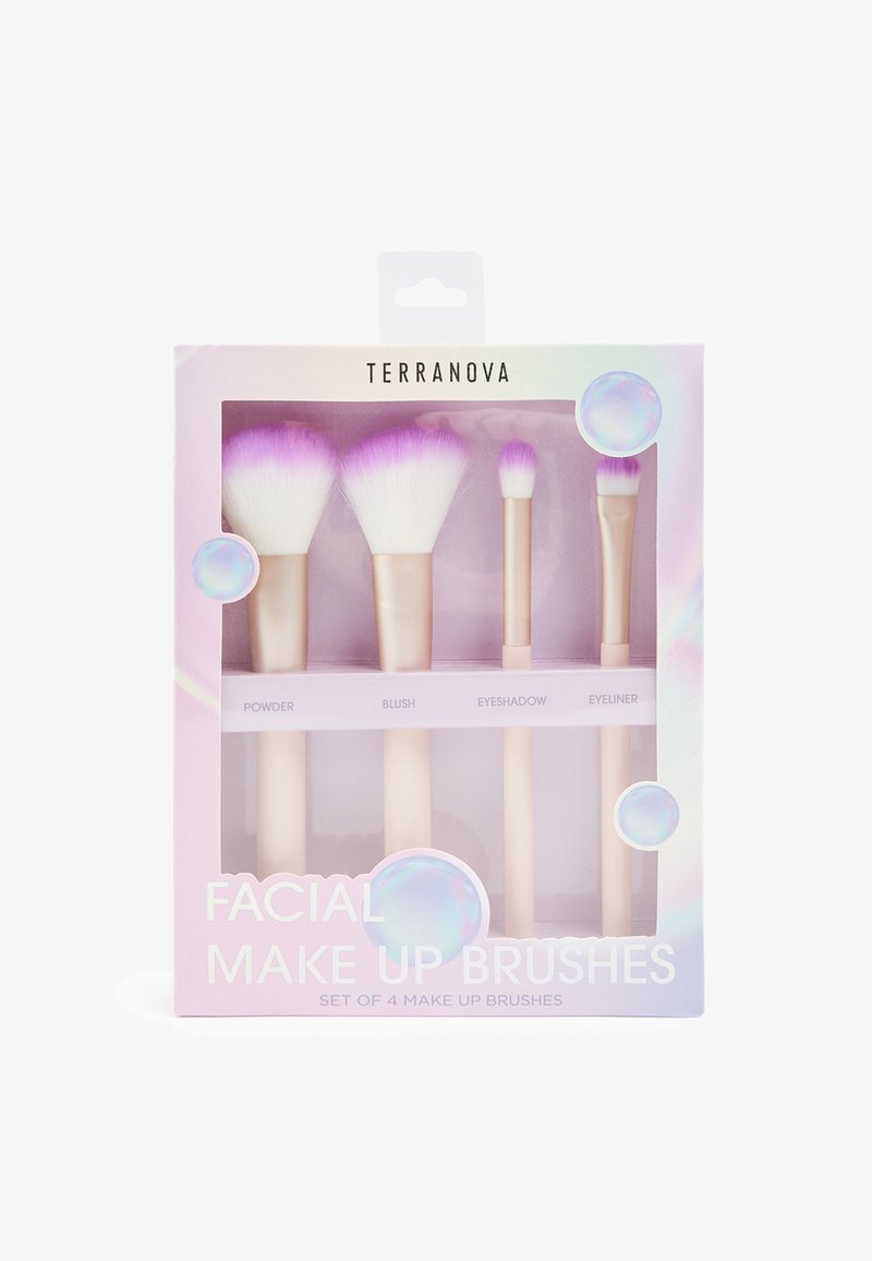 Set di quattro pennelli per trucco con setole rosa e bianche per cipria, fard, ombretto e eyeliner in una scatola pastello rosa e viola.