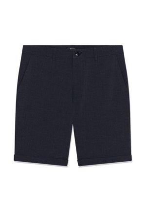 Tumesinised mõõdu järgi valmistatud lühikesed püksid ees nupuga, vööaasadega, küljetaskutega ja alläärega.