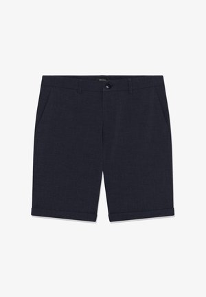 Tumesinised mõõdu järgi valmistatud lühikesed püksid ees nupuga, vööaasadega, küljetaskutega ja alläärega.