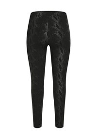 Leggings neri con un motivo a pelle di serpente, design aderente, materiale elastico e texture liscia. Presentano un alto elastico in vita per un maggiore comfort.