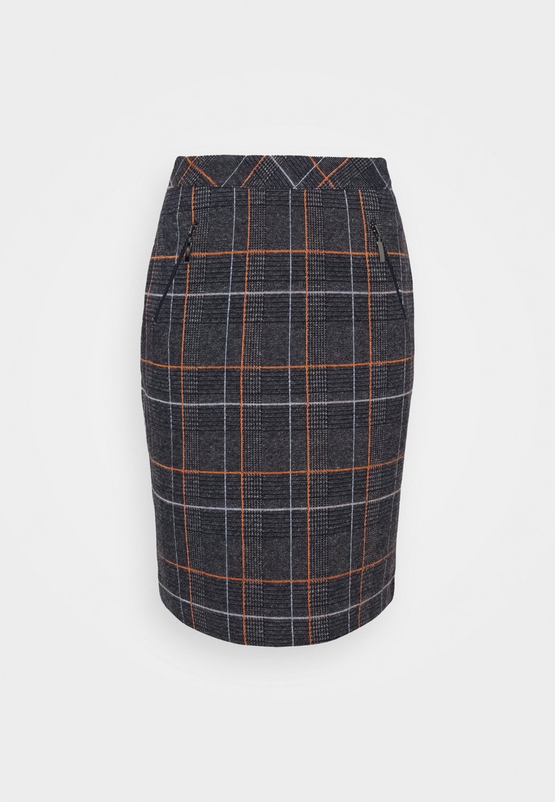 Jupe crayon gris foncé longueur genou avec motif à carreaux orange et blanc et poches latérales zippées.