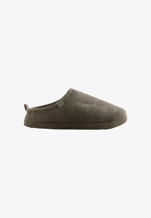 Mokassin-Look Hausschuh aus dunkelgrauem Cord mit ribbeliger Textur, abgerundetem Zehenbereich und einer kleinen Fersenlasche für einfaches An- und Ausziehen.