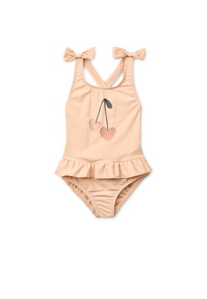 Badebukse i ferskenfarge med volangkant, kryssede bakre stropper og sløyfedetaljer. Har en kirsebærgrafikk på fremsiden. Laget av elastisk materiale.