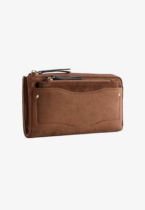 Brown suede wallet with two zippered compartments, external pocket, and metal rivet accents, displayed against a white background.