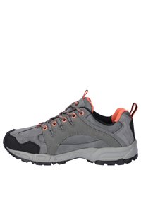 Gray hiking shoe with a suede and mesh upper. Orange accents on the laces and inner lining. Durable black rubber sole with traction features.