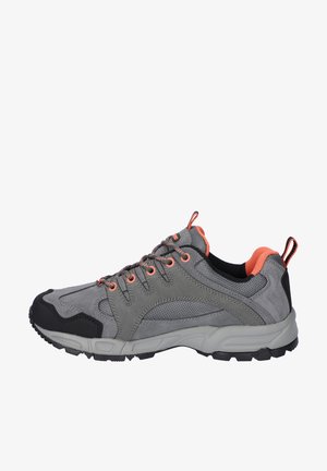 Gray hiking shoe with a suede and mesh upper. Orange accents on the laces and inner lining. Durable black rubber sole with traction features.