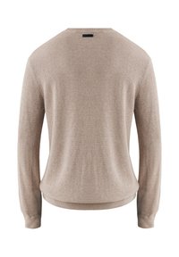 Beige Strickpullover mit langen Ärmeln, rundem Ausschnitt und gerippten Bündchen. Verfügt über ein strukturiertes Muster und ein kleines Markenzeichen auf der Rückseite.