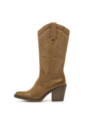 Brown leather cowboy boot with a pointed toe, decorative stitching, a stacked heel, and a pull tab at the top. Smooth texture, curved design.