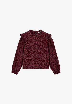 Blusa de manga larga con estampado de leopardo rojo, con acentos de hombros con volantes, detalle de abertura en la parte posterior y puños elásticos. Tejido ligero.