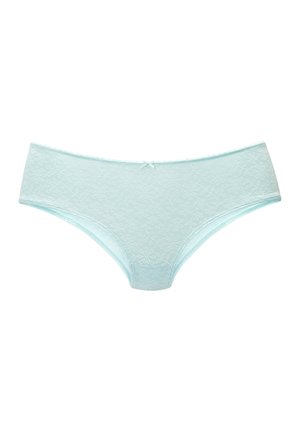 Light blue lace women's hipster underwear with floral pattern and small front bow detail.