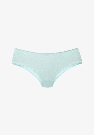 Light blue lace women's hipster underwear with floral pattern and small front bow detail.