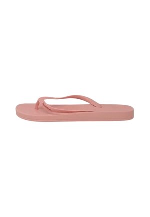 Infradito rosa con suola piatta e cinturini a forma di V, realizzati in materiale flessibile, caratterizzati da una superficie liscia e opaca.