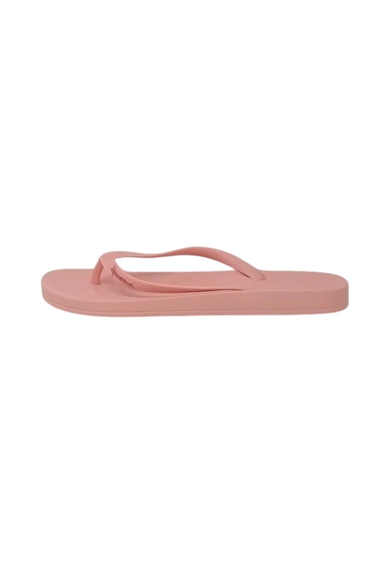 Infradito rosa con suola piatta e cinturini a forma di V, realizzati in materiale flessibile, caratterizzati da una superficie liscia e opaca.