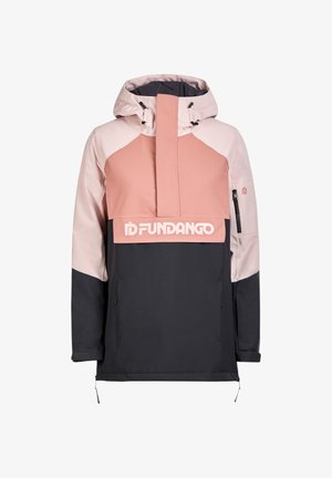 Huppariasu, jossa on vaaleanpunainen yläosa, musta alaosa, etuflappitasku, hihantasku vetoketjulla ja "Fundango"-logo rinnassa.