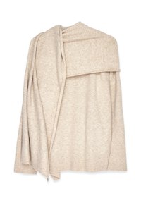 Cardigan beige realizzato in morbido tessuto, con un ampio colletto ripiegato e maniche a coste, che cade elegantemente con una vestibilità rilassata.