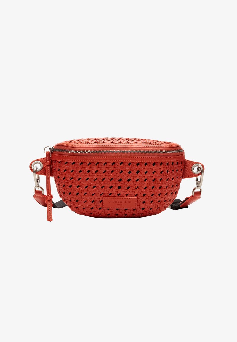 Red woven leather bag with a rounded shape, zip closure, and detachable strap. Features silver hardware and a branded leather tag.