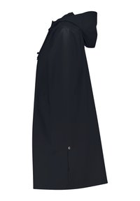 Black raincoat with a hood, featuring a straight cut, front pockets, and a snap closure at the bottom. Made from a waterproof material.