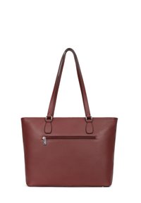 Borsa a tracolla in pelle color mogano con due manici, dotata di una tasca con zip frontale e un'esterno testurizzato. Forma rettangolare, finitura liscia.