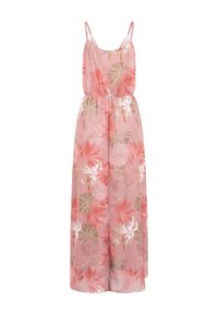 Robe maxi rose sans manches avec bretelles spaghetti réglables et grand imprimé floral corail et beige, avec une taille élastique.