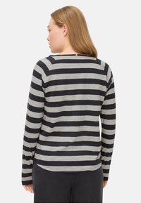 Langarmshirt mit schwarz-grauen horizontalen Streifen, lockerer Schnitt, weichem Baumwollmaterial, rundem Kragen und abgerundetem Saumdesign.