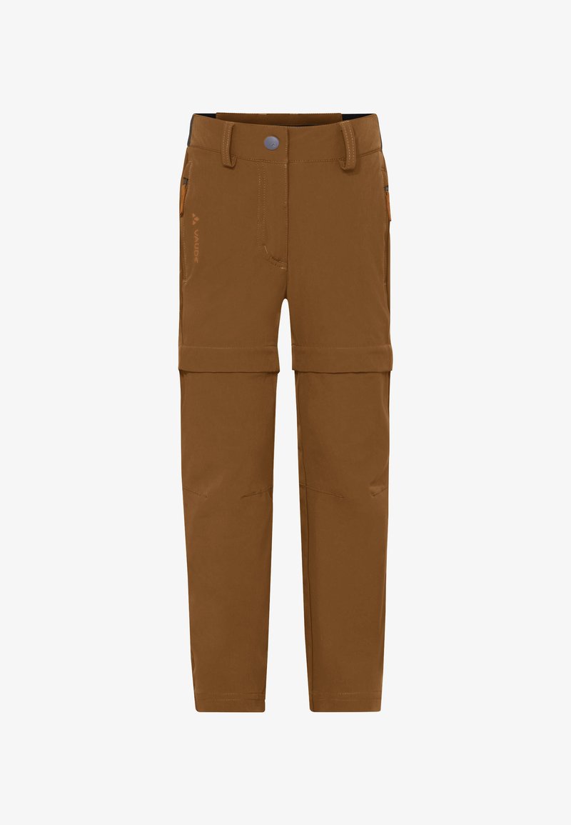 Pantalon d'extérieur convertible marron avec jambes amovibles par fermeture éclair, bouton et fermeture éclair à l'avant, passants pour ceinture et poches latérales zippées.