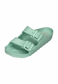 Light green slip-on sandal made of soft material, featuring two adjustable straps with buckles and a textured footbed for comfort.