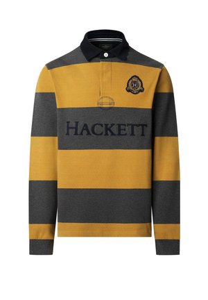 Langärmliges Rugbyshirt mit auffälligen horizontalen Streifen in Senfgelb und Dunkelgrau, einem schwarzen Kragen und "Hackett"-Text mit Emblem auf der Brust.