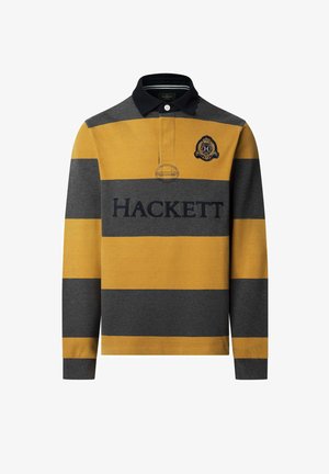 Langärmliges Rugbyshirt mit auffälligen horizontalen Streifen in Senfgelb und Dunkelgrau, einem schwarzen Kragen und "Hackett"-Text mit Emblem auf der Brust.