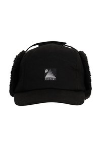 Black cap featuring earflaps made of textured material, a flat bill, and a front logo patch with a geometric design. Adjusting strap included.