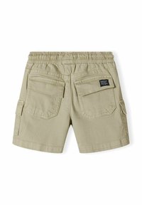 Khaki cargo shorts dengan pinggang elastis, dilengkapi dengan dua saku belakang dan satu saku samping. Tekstur kain yang halus, desain kasual.