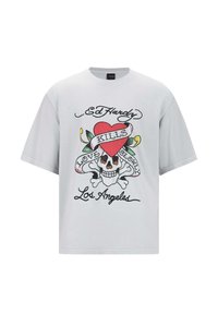 Šedé bavlněné tričko s barevným designem lebky srdce a stuhy, s tištěným textem "Ed Hardy kills love slowly Los Angeles."