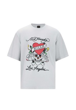 Gray cotton t-shirt featuring a colorful skull design with a heart and ribbon, printed text reading "Ed Hardy Kills Love Slowly Los Angeles."