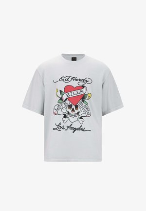 Gray cotton t-shirt featuring a colorful skull design with a heart and ribbon, printed text reading "Ed Hardy Kills Love Slowly Los Angeles."