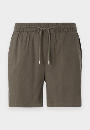 Donkergroene shorts met een elastische tailleband, een trekkoordsluiting en een soepele, lichte textuur. Geen zichtbare zakken of patronen.