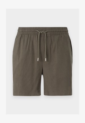 Mørkegrønne shorts med elastisk midjebånd, snor i lukningen, og en glat, lett tekstur. Ingen synlige lommer eller mønstre.